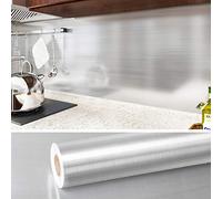 VEELIKE Aluminum Rouleau de Vinyle Auto-adhésif pour Meubles Amovible Papier Peint Effet Métal Argenté étanche pour Dosseret de Cuisine Armoire de Comptoir Résistant à l'huile 40cm x 1800cm