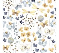 VEELIKE Papier Peint Fleuri Papillons et Libellules Aquarelle Vintage Papier Peint Floral Bleu Jaune 44,5 cm x 300 cm Papier Peint Adhesif Mural Stickers Meubles Deco Chambre Salle de Bain Amovible