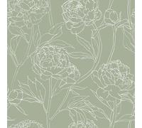 VEELIKE Papier Peint Fleuri Vert Sauge Papier Peint Adhesif Fleur Croquis Pivoine Vintage Papiers Peints Chambre Adhesif Mural Decoratif Salon Revetement Mural Salle de Bain Armoire 44,5 cm × 300 cm