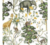 VEELIKE Papier Peint Jungle Exotique Papier Peint Animaux Papiers Peints Autocollant Motif Tropical Éléphants Girafe Singe Fleurs Papiers Peints Adhesif Mural Chambre Enfant Salle de Bain 44,5cmx300cm