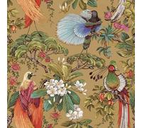 VEELIKE Papier Peint Oiseaux Jaune Ocre Oriental Papier Peint Fleuri Jaune Ocre Chinoiserie 44,5 cm x 300 cm Papiers Peints Decoratifs Chambre Salle de Bain Tropical Forêt Sticker Meuble Amovible