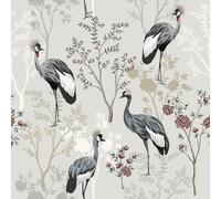 VEELIKE Papier peint vintage grue et oiseau à motif floral - Papier peint chinois gris pour murs, armoires, 45 x 900 cm - Papier peint amovible gris à décoller et à coller pour chambre à coucher,