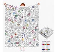 VEELU Couverture a Colorier DIY avec 24 Marqueurs de Couleurs Plaid à Colorier Lavable pour Adulte Couverture Coloriage pour Femme Famille Ami Cadeau pour Anniversaire Noël