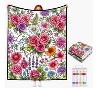 VEELU Couverture a Colorier DIY avec 24 Marqueurs de Couleurs Plaid à Colorier Lavable pour Adulte Couverture Coloriage pour Femme Famille Ami Cadeau pour Anniversaire Noël