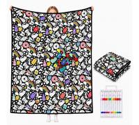 VEELU Couverture a Colorier DIY avec 24 Marqueurs de Couleurs Plaid à Colorier Lavable pour Adulte Couverture Coloriage pour Femme Famille Ami Cadeau pour Anniversaire Noël