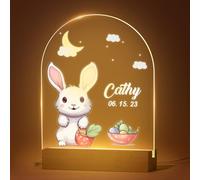 VEELU Veilleuse Bébé Personnalisé avec Prénom & Date, Cadeau Naissance Fille et Garçon, Cadeau Bapteme Fille/Garçon, Cadeau de Noël, Lampe Chevet bebe Personnalisé, Lapin