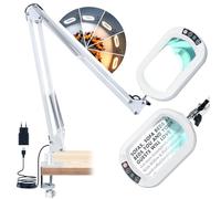 Veemagni 10X Rectangle Loupe avec Lumière et Pince, 2 * 16 Pouces Grand Bras Pivotant LED Lampe de Bureau, 5 Modes de Couleur Gradation Continue, Mains Libres éclairé Loupe Stand pour la Lecture-Blanc