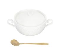 Veemoon Bol à Dessert en Céramique Blanc Pur à Deux Anses avec Couvercle Bol Multifonction pour Soupe Salade de Fruits et Céréales Ensemble 1 Pièce avec Cuillère Usage Domestique