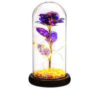 Veemoon Bougie Rose Artificielle sous Dôme en Verre avec Lumière LED Chaude Décoration Romantique Saint-Valentin Fleur Éternelle Violet et Or Présent D’Ambiance pour Maison et Bureau