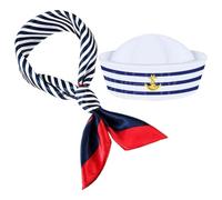 Veemoon Chapeau de Marin Rayé Bleu et Blanc Taille 58 Cm Écharpe Assortie Carrée Bleue, Accessoire Déguisement Nautique pour Fête, Halloween et Événements à Thème