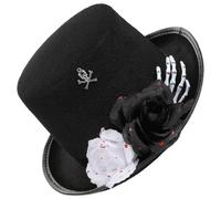 Veemoon Chapeau Haut Noir en Feutre, Célébration Halloween, Style Gothique | Orné D’une Rose Blanche, Main de Squelette Décorative, pour Costume Steampunk et Photos Thématiques