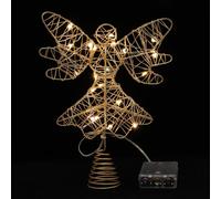 Veemoon Décoration de Sapin de Noël Ange Lumineux en Fer Doré avec Guirlande LED Étoile Scintillante pour Sommet de Sapin Décoration Festive Intérieure 1 Pièce