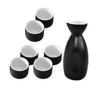 Veemoon Ensemble Carafe et Coupes à Saké en Céramique Japonaise Peinte à la Main Service à Saké Chaud 6 Tasses Rondes Noires et Blanches Kit Traditionnel pour Dégustation et Réception