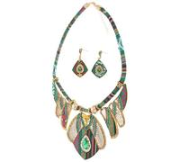 Veemoon Ensemble de Bijoux Bohèmes Verts pour Femmes - Collier et Boucles D’oreilles Ethniques Légers et Confortables, Accessoires Élégants pour Soirées et Mariages, Bijoux Déclaration