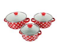 Veemoon Ensemble de Casseroles Émaillées Mini 3 Pièces Marmites à Soupe Rouge à Pois Blancs Double Anse Fond Plat pour Homogène pour Sauces et Nouilles Instantanées