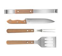 Veemoon Ensemble D'outils pour Barbecue Inox 4 Pièces avec Manches en Bois, Fourchette à Griller, Spatule, Pince et Couteau, Léger et Antidérapant, Camping et Pique-niques en Plein Air