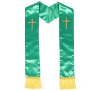 Veemoon Étole de Pasteur Réversible Brodée d'une Croix Verte avec Pompons, Châle de Mariage pour Cérémonie Religieuse, Accessoire Unique pour Officiant, Tissu Doux et Entretien Facile