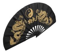 Veemoon Éventail Pliant Tai Chi Kung Fu en Tissu Noir Vintage 36 Cm, Éventail Chinois Décoratif Léger pour Danse et Scène Double Dragon Doré, Accessoire Pliable Portatif pour Maison
