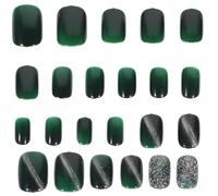 Veemoon Faux Ongles à Pression Verts Foncés Effet Œil de Chat, 24 Pièces Courtes en Cristal, Décorations pour Ongles Femmes, Autocollants Ornements Résistants pour Manucure Automne-hiver