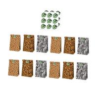 Veemoon Lot de 12 Paquet Présents en Papier Kraft à Imprimés Animaux Jungle Pochettes Écologiques pour Bonbons avec Stickers Jungle pour Anniversaire et Fête