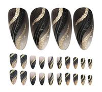 Veemoon Lot de 144 Faux Ongles Autocollants à Paillettes Rayures Brillantes, Réutilisables, Taille Moyenne, Couleur Naturelle Beige, Manucure à Domicile et Nail Art pour Fêtes et