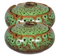 Veemoon Lot de 2 Cendriers en Céramique Artisanaux avec Couvercles Coupe-Vent, Cendrier de Table Compact sans Fumée pour Intérieur et Extérieur, Accessoire Fumeur Décoratif Couleur Vert