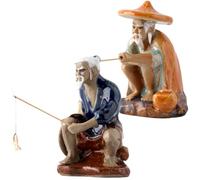 Veemoon Lot de 2 Figurines de Pêcheur en Céramique 4 Pouces Décoration Aquarium et Bonsaï Ornement pour Rocaille Statue de Vieux Pêcheur Réaliste pour Intérieur et Bureau