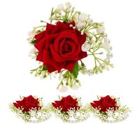 Veemoon Lot de 4 Bracelets de Ornement de Fleurs Artificielles Rouges Perles, Ajustables pour Mariée et Demoiselles D’honneur, Accessoires de Poignet pour Mariage, Bal et Soirée Élégante