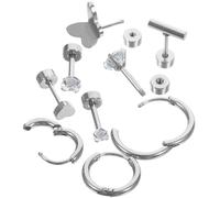 Veemoon Lot de 9 Boucles D'oreilles pour Femmes en Acier Inoxydable, Petites Boucles D'oreilles Puces et Créoles Argentées, Ensemble Polyvalent pour Cartilage, Usage Quotidien et