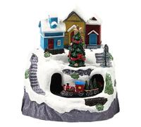 Veemoon Maisons de Village de Noël illuminées, Figurine Musicale de Village enneigé avec échelle, Sapin, Train tournant et lumières LED pour la décoration intérieure, Cadeau de Noël