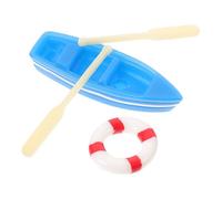 Veemoon Mini Bateau Décoratif Bleu Pagaies en Bois et Bouée de Sauvetage Rouge, Figurines de Plage Miniatures pour Décoration de Micro-Paysage, Kit 3 Pièces pour Maison de Poupée et