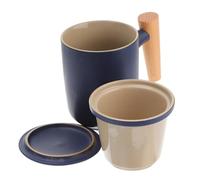 Veemoon Mug à Thé en Céramique 1 Pièce Infuseur Intégré, Filtration Séparée de L'eau Thé, Grosse Capacité, Bleu Sable Émaillé Manche en Bois, pour Bureau et Maison