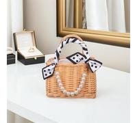 Veemoon Panier Osier Tissé Main Rotin avec Poignée Perles et Ruban à Pois Panier de Fleurs Élégant pour Mariage Plage et Voyage Bandoulière Polyvalent pour Vacances