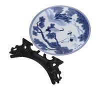 Veemoon Petite Assiette Décorative en Céramique Bleue avec Support Rond | Objet Décoratif pour Intérieur, Accessoire Photo, Finition Lisse et Sûre, Facile à Nettoyer, Bois