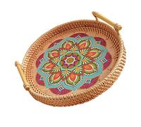 Veemoon Plateau de Service Tissé la Main en Rotin avec Poignée Motif Imprimé Mandala Coloré Plateau de Rangement Alimentaire 24x3 Cm Polyvalent pour Maison et Pique-niques