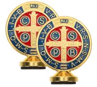 Veemoon Saint BenoîT Statue Crucifix Sur Pied, 2 PièCes Croix De Bureau Catholique Croix Avec Support Statue Religieuse Figurine BaptêMe Faveur Pour Le Bureau À Domicile ÉGlise D'or