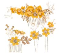 Veemoon Set de Accessoires Cheveux Fleurs Jaunes Élégants pour Mariée Peigne et Épingles Coiffure Décorations Légères et Confortables pour Fête et Cérémonie