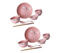 Veemoon Set Vaisselle Complet Céramique Japonaise Rose Élégant avec Bols Assiettes Cuillères Baguettes et Tasses pour Service à Table Quotidien