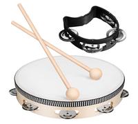 Veemoon Tambourin à Main 25 CM avec 1 Tambourin 10 Pouces 2 Mailloches en Bois Naturel et 1 Clochette Noire à 4 Cymbalettes Instrument de Percussion pour Adultes et Musiciens
