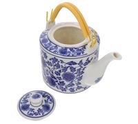 Veemoon Théière Chinoise en Céramique Peinte la Main 2l Anse, Bouilloire Froide au Motif Fleur Bleu et Blanc, Théière Grosse Capacité pour Thé Kung Fu, Bureau et Usage Domestique