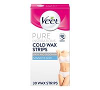 Veet Bandes de cire froide pure pour bikini et aisselles, peau sensible, 30 pièces + 3 lingettes, épilation des racines, douceur de 28 jours, formule hypoallergénique, emballage variable