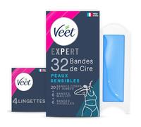 Veet EXPERT - 32 Bandes De Cire Froide Coffret Jambes, Maillot & Aisselles - Peaux Sensibles - Finition Parfaite - Epilation Longue Durée