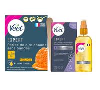 Veet Expert - Kit Perles de Cire Chaudeà la Cire d'Abeille, 1 Crème décolorante Visage et Corps et Huile après Épilation