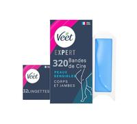 Veet EXPERT - Lot de 320 Bandes de Cire Froide Corps & Jambes - Peaux Sensibles - Finition Parfaite - Epilation Longue Durée - 8x40 bandes de cire