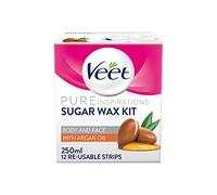 Veet Kit de cire chaude à l'huile d'argan 250 ml - Épilation au sucre, dissolvant chaud du visage avec bandes, solution testée dermatologiquement pour une peau lisse