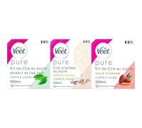 Veet - Lot de 3 pots de cire au sucre, Epilation Sans Bande, 3 parfums, Vanille, Huile d'Argan et Thé Vert, Ingrédients 100% Naturels, 250ml chacun