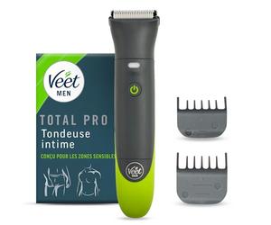 Veet Men Total ProTM* Tondeuse Intime Pour Homme - Rasoir électrique Multi-Usage pour Aine, Barbe et Corps - Chargeur USB - 100% étanche (IP67)