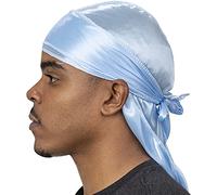 Veeta Durag en soie de qualité supérieure - Durag en soie lisse pour homme et femme, longues bretelles doubles larges, couture extérieure, triple point du chiffon, Bleu givré, taille unique