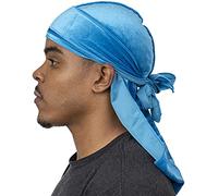 Veeta Durag en velours doux de qualité supérieure avec longues bandes larges, doublure soyeuse et triple couture pour homme et femme, bleu bébé, taille unique