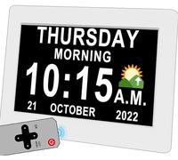 Véfaîî 2024 Newest, 19 Alarmes et Télécommande Horloge Numérique Calendrier avec Date Jour Et Heure Horloge Non-Abrégée Auto Dimming Rappel pour Alzheimer Les Personnes âgées (Argent)